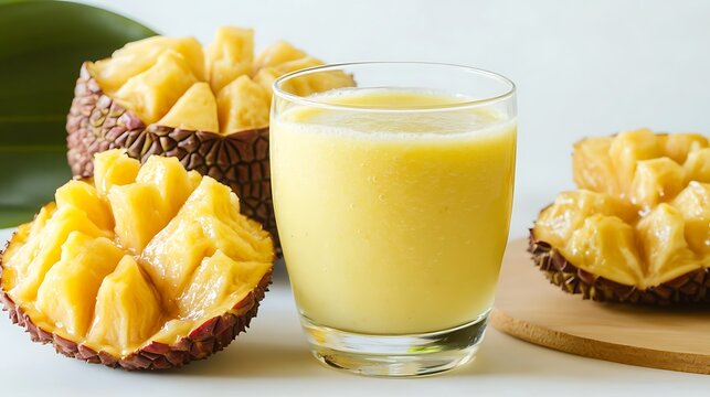 Glass of bacuri juice with bacuri fruits cut in halves around it