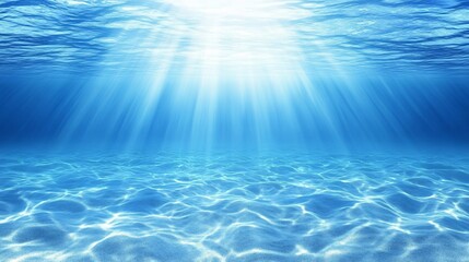 Underwater panoramic view of calm ocean with sunlight and sandy seabed created with Generative AI technology