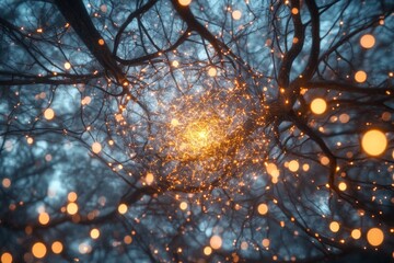 Neural network conceptual art with glowing circuitry and light