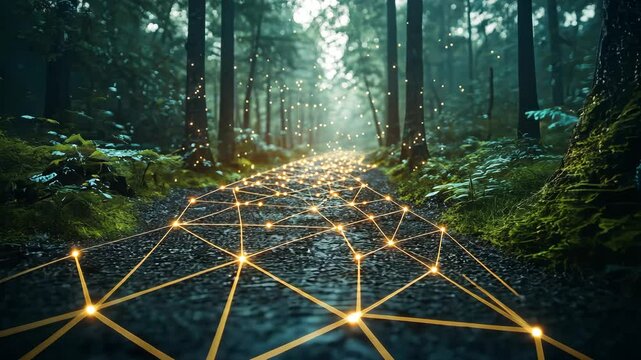 Glowing network in enchanted forest and fantasy background concept. A mystical forest path illuminated by glowing, interconnected light nodes, surrounded by lush greenery and tall trees