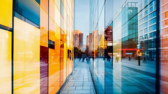 People Walking Along a City Street Reflected in Building Windows