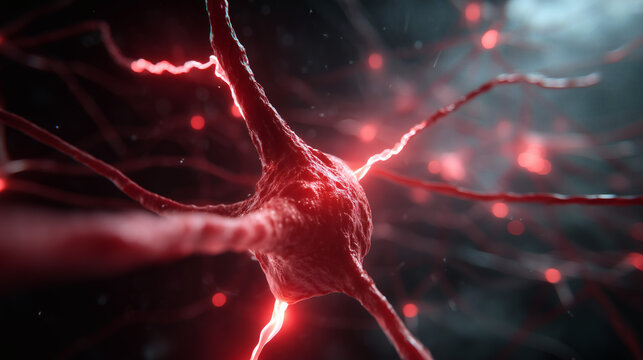 Ilustraci&oacute;n 3D de neuronas conectadas con fondo oscuro