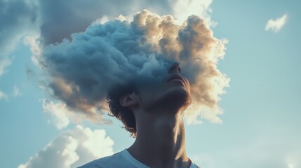 Surreal concept of daydreaming and imagination with clouds surrounding a person's head