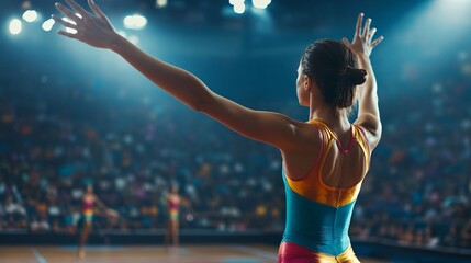 Female gymnast in vibrant leotard frozen mid motion on floor routine dramatic arena lights created with Generative AI technology

