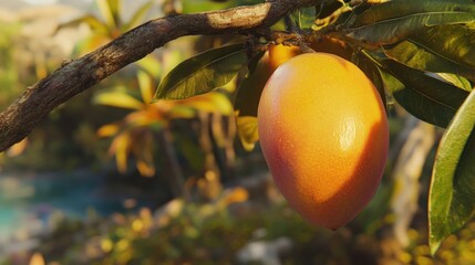 A vibrant yellow fruit hanging from a tree branch in sunlight
