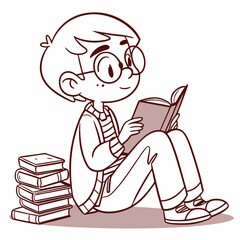 Bookworm Boy Sitting Cross-Legged with Book