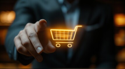 Businessman Interacting with a Virtual Shopping Cart Icon