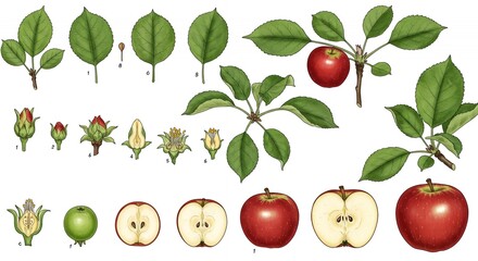 Apple Malus Domestica Derivative Products Showcasing Detailed Leaf Shape and Fruit Development on White Background Illustrative Botanical Mockup