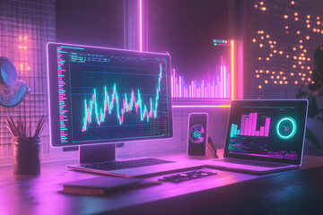 Neonlit workspace showing financial data on multiple screens laptop phone and desktop