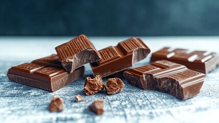 Pieces of broken chocolate, showcasing the contrast between the dark chocolate and the soft surface.