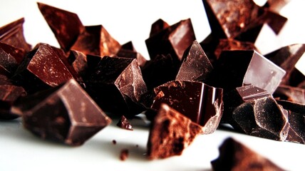 A broken chocolate bar with scattered pieces on a light background, highlighting its simple yet appealing texture.