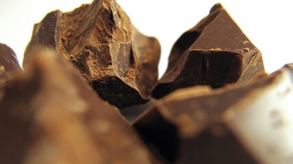 A broken chocolate bar with scattered pieces on a light background, highlighting its simple yet appealing texture.