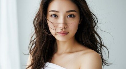 Naklejka premium Portrait of a beautiful young Asian woman with dark hair on a bright neutral background