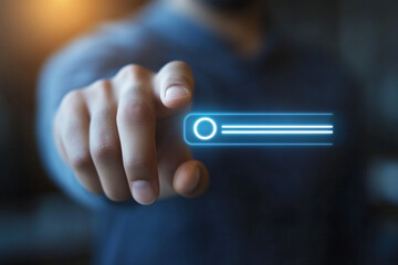 A hand interacts with a glowing blue digital interface a futuristic user experience