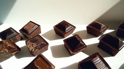 Chunks of broken chocolate on a clean background, capturing the essence of a delicious, rich treat.