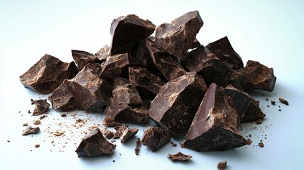 Chunks of broken chocolate laid on a light surface, offering a close-up of its rich texture.