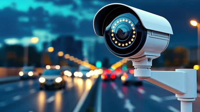 Surveillance camera in facial recognition and public safety technology concept. A surveillance camera is positioned with a blurred cityscape and traffic in the background
