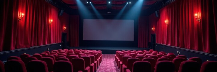 Fototapeta premium Darkened cinema hall with worn velvet curtains and flickering projector light , grunge, projector, atmosphere