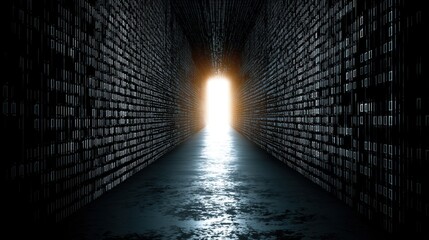 Dark Corridor with Glowing Light at the End Symbolizing Hope and Future Possibilities in Data