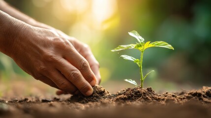 Fototapeta premium Hands Planting Young Green Seedling in Rich Soil During Sunrise in Natural Environment