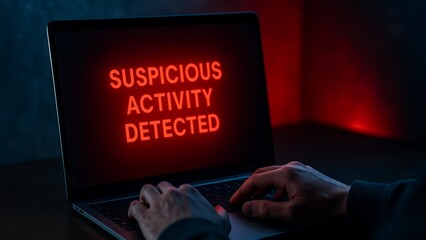 Suspicious Activity Detected On Laptop Screen With Red Warning Light, Generated AI