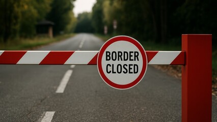 Road Barrier With Sign Indicating Closed Border On Empty Highway, Generated AI