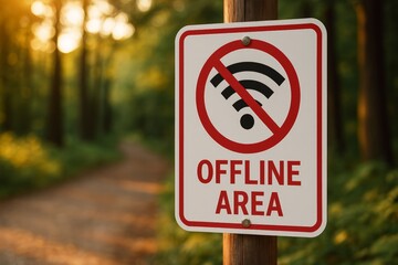 No WiFi Offline Area Sign In Forest Pathway For Digital Detox Retreat, Generated AI