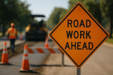 Road Work Ahead Sign On Construction Site With Traffic Safety Cones, Generated AI