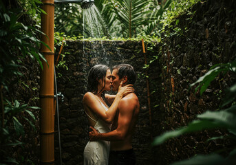 Passionate Couple Kissing in a Romantic Outdoor Rainforest Shower. Sensual and Intimate Moment in Lush Tropical Nature.