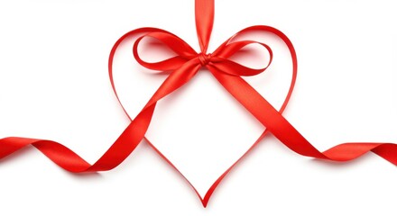 Red ribbon forming a heart shape with a bow on white background