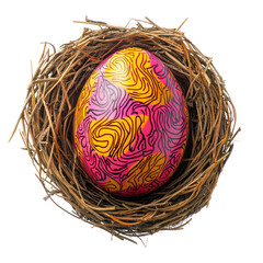Psychedelic Easter egg with swirling neon colors nestled in a natural twig nest against black