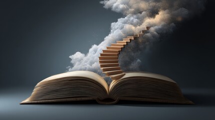 Surreal Representation of Imagination and Knowledge with Book and Abstract Stairway to Clouds