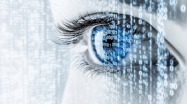 Human eye overlaid with digital binary code.