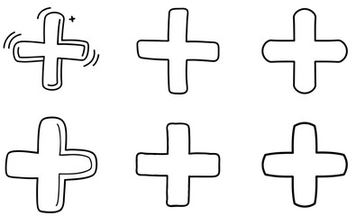 Hand Drawn Plus Sign Icons Vector Set – Bold Medical and Add Symbols in Doodle Style