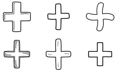 Hand Drawn Plus Sign Icons Vector Set – Bold Medical and Add Symbols in Doodle Style