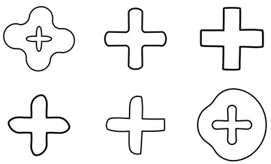 Hand Drawn Plus Sign Icons Vector Set – Bold Medical and Add Symbols in Doodle Style