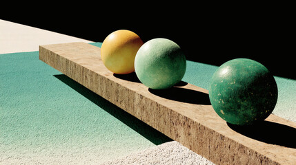 Colorful Spheres on Minimalist Wooden Base with Textured Surface