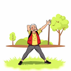 A joyful elderly man practices yoga on a bright green meadow, for symbolizing active longevity