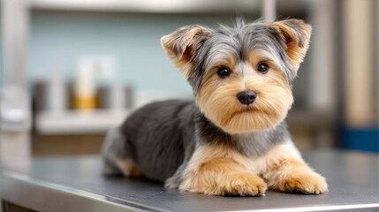 cute dog with fluffy coat and expressive eyes rests on table, exuding charm and warmth