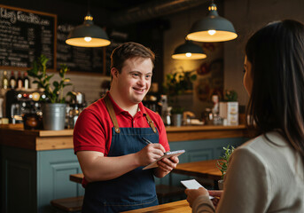 A smiling waiter with Down syndrome taking an order at a cafe, showcasing inclusion and positive work environment.