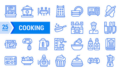 Blue Line Icons for Cooking and Kitchen Utensils.
