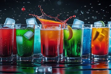 Colorful cocktails, Liquid splash photography, Glass tumblers, Vibrant beverages, High-speed capture, Dark background, Droplets and bubbles, Dynamic fluid motion, Red, green, orange, and blue drinks, 