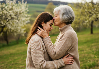 Fototapeta premium A heartfelt moment of love and affection between a mother and daughter, captured in a serene spring setting. A touching display of family bond and togetherness.