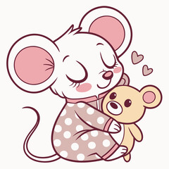 Sleepy Mouse in Pajamas Holding Teddy Bear – Cute Sticker