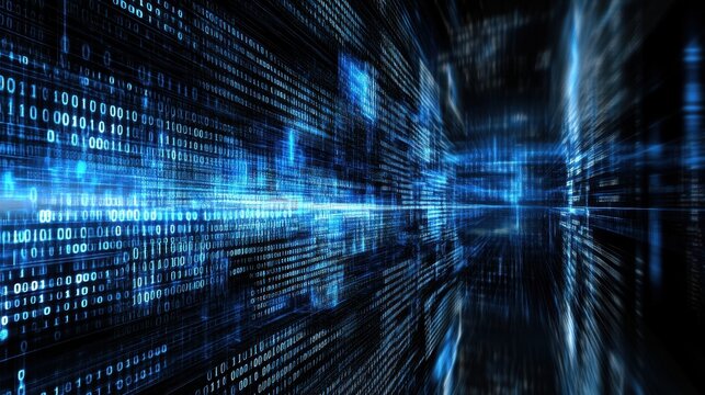 Digital binary code tunnel visually represents vast data streams.