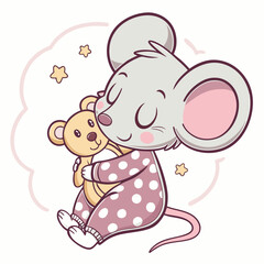 Sleepy Mouse in Pajamas Holding Teddy Bear – Cute Sticker