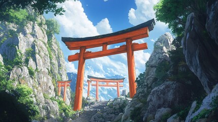 Scenic Japanese Torii Gates among Verdant Mountains on a Sunny Day