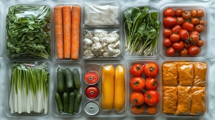 Fresh produce and vegetables in individual plastic containers