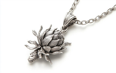 Silver Thistle Pendant on a Chain Isolated on white background.