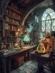 Obraz premium Mystical Alchemist's Sanctuary: An Enchanting Workspace Illuminated by an Ethereal Glow